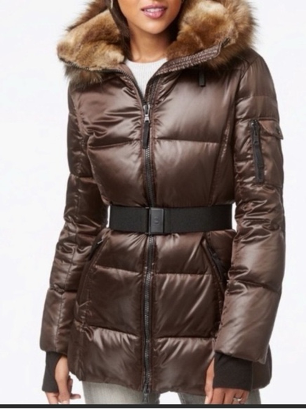 S13/NYC Brown Faux Fur Hooded Belted Down Puffer Coat Small